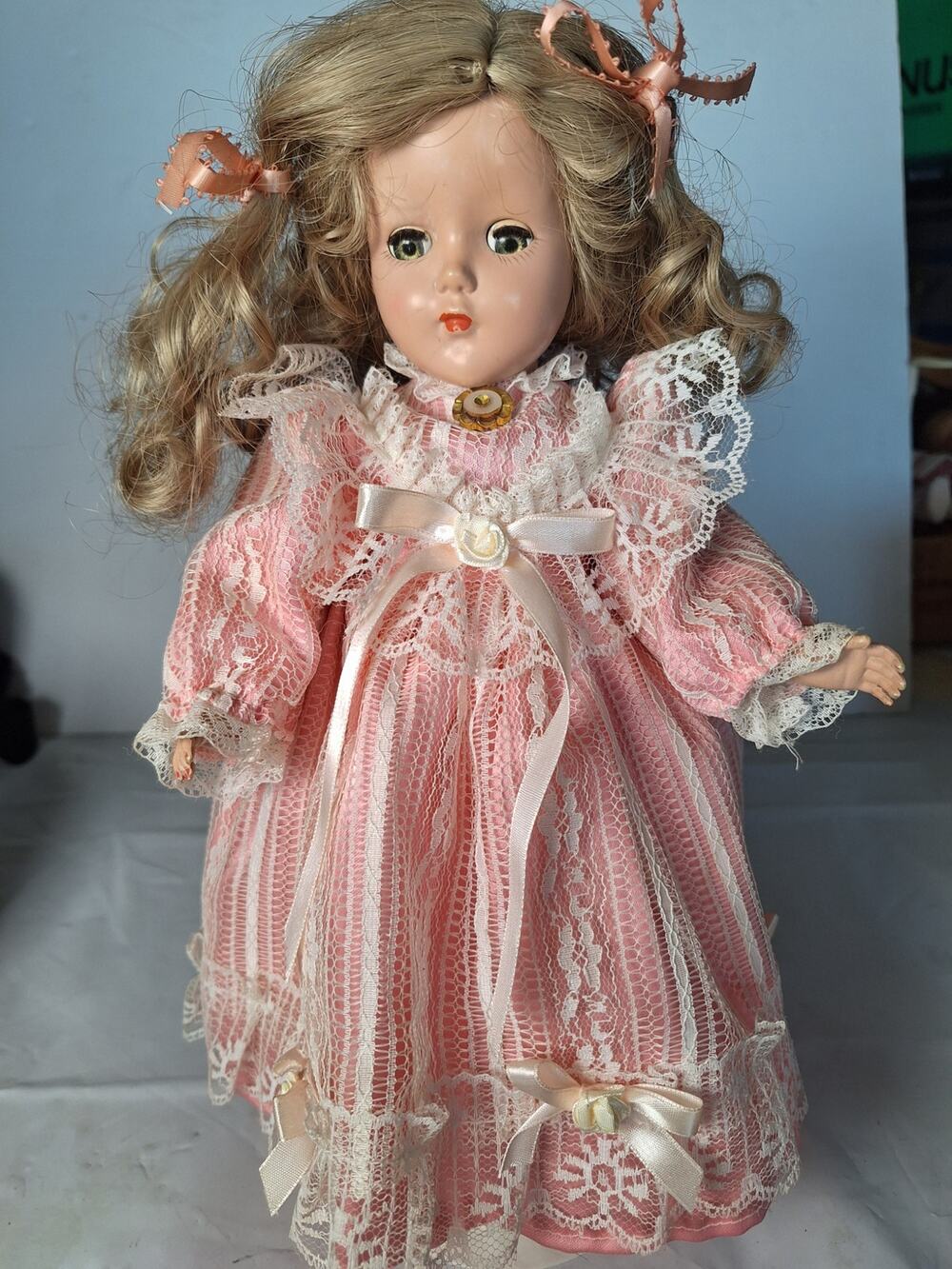 Vintage 1950s 14.5in Hard Plastic Doll Sleep Eyes Wig Pink Dress Shoes